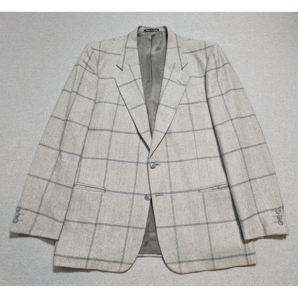 Valentino Uomo Men's Blazer 40R Beige Gray Wool Windowpane Jacket Made in Italy